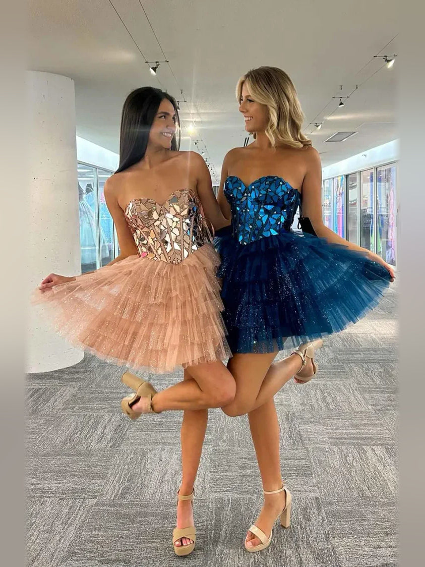 Champagne and royal blue tiered ruffled tulle homecoming mini dresses, corset bodice