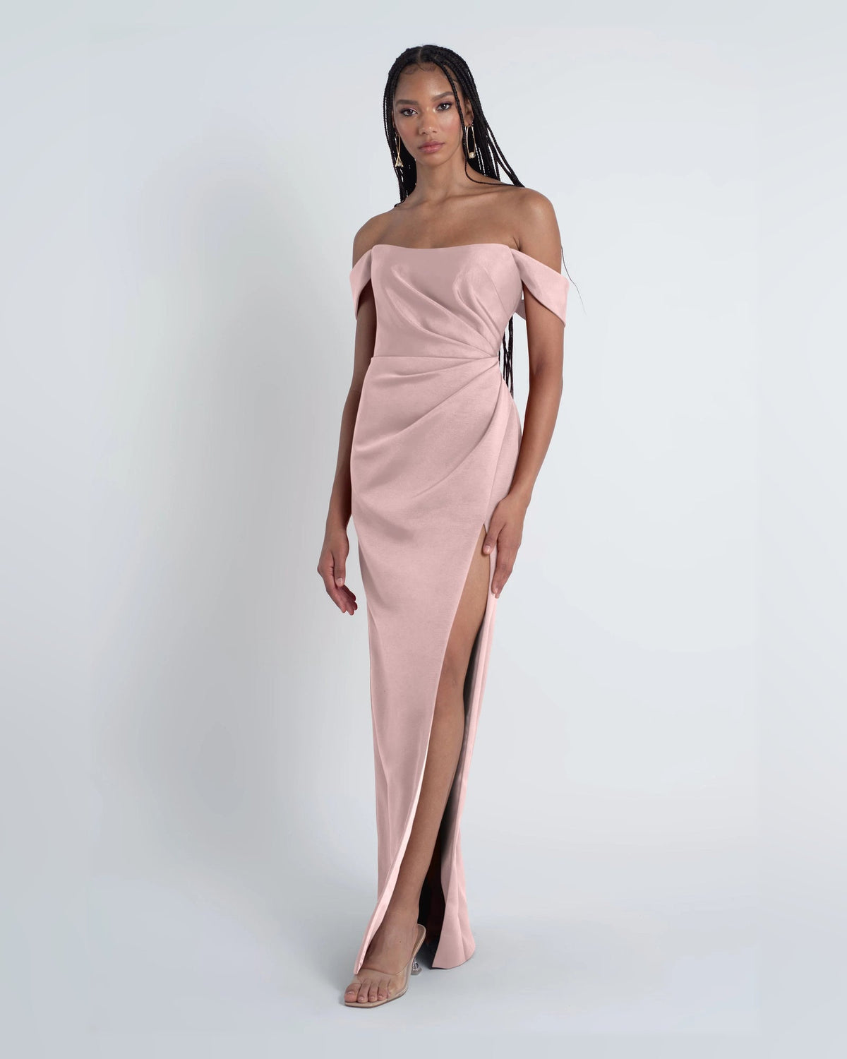 Light pink off-shoulder A-line formal dress, floor-length with side slit