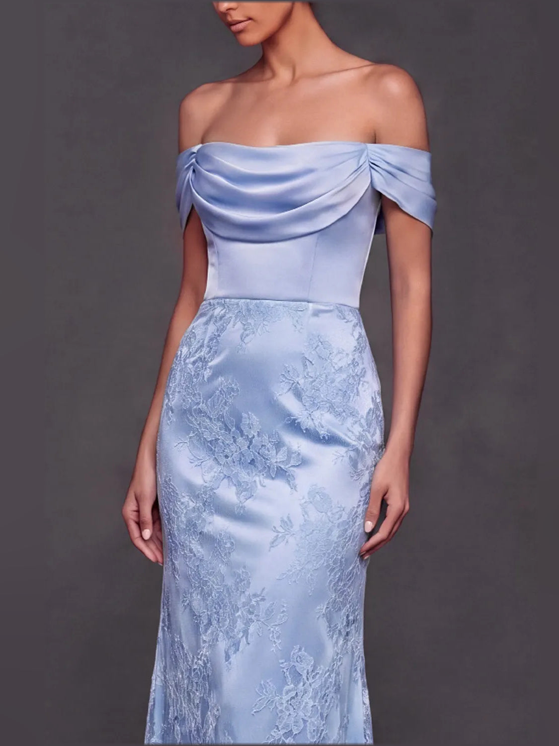Light blue off-shoulder satin mermaid dress with gathered drape neckline and textured floral lace