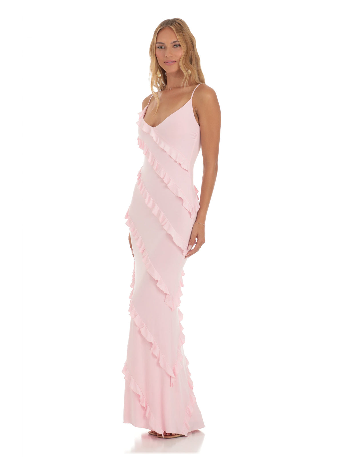 Pink bridesmaid dress with structured woven fabric construction and maxi hem