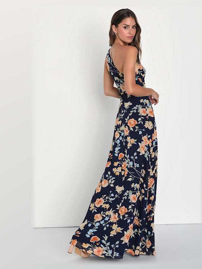 Blue Floral formal dress with structured woven fabric construction and maxi hem