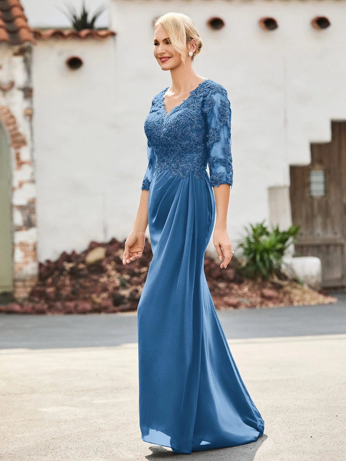 Ink blue sheath formal dress with lace bodice, scalloped neckline, 3/4 sleeves, floor-length