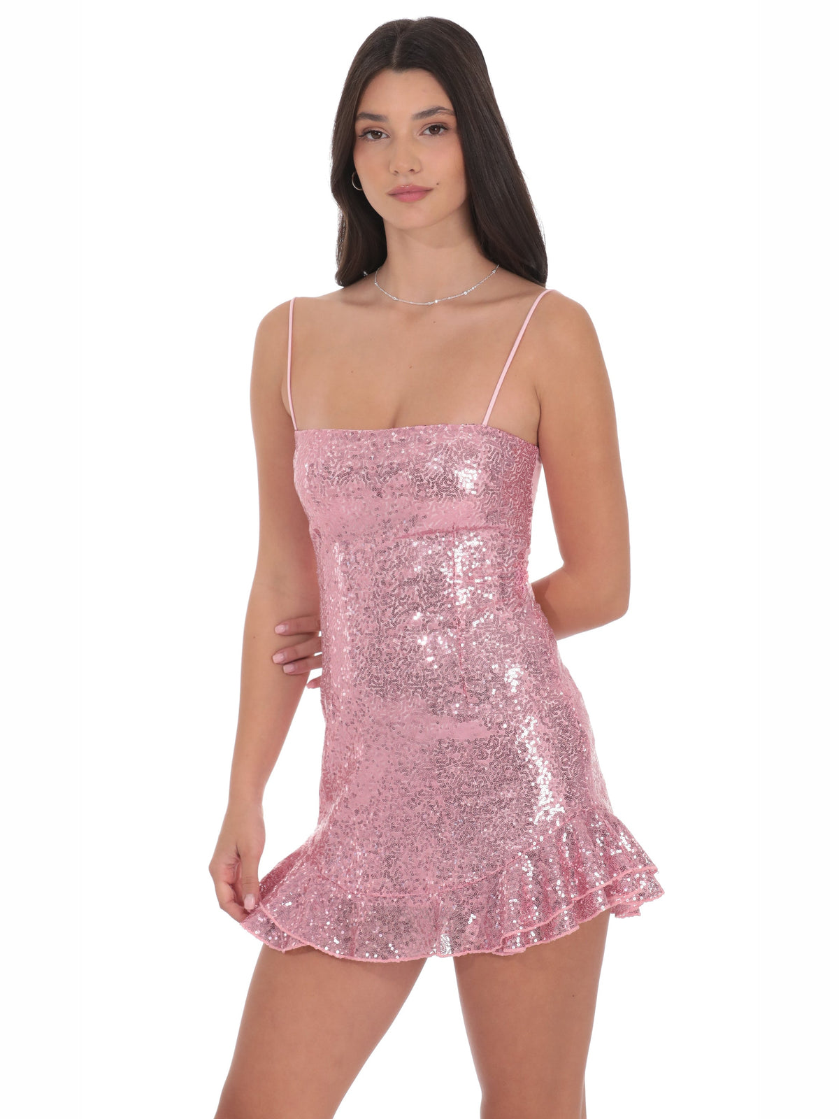 Pink homecoming dress with mesh construction and maxi hem