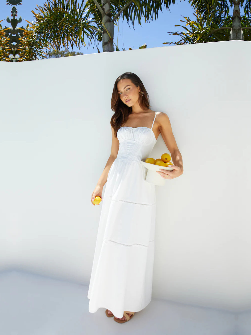 White a-line maxi formal dress with tiered skirt, alternate view