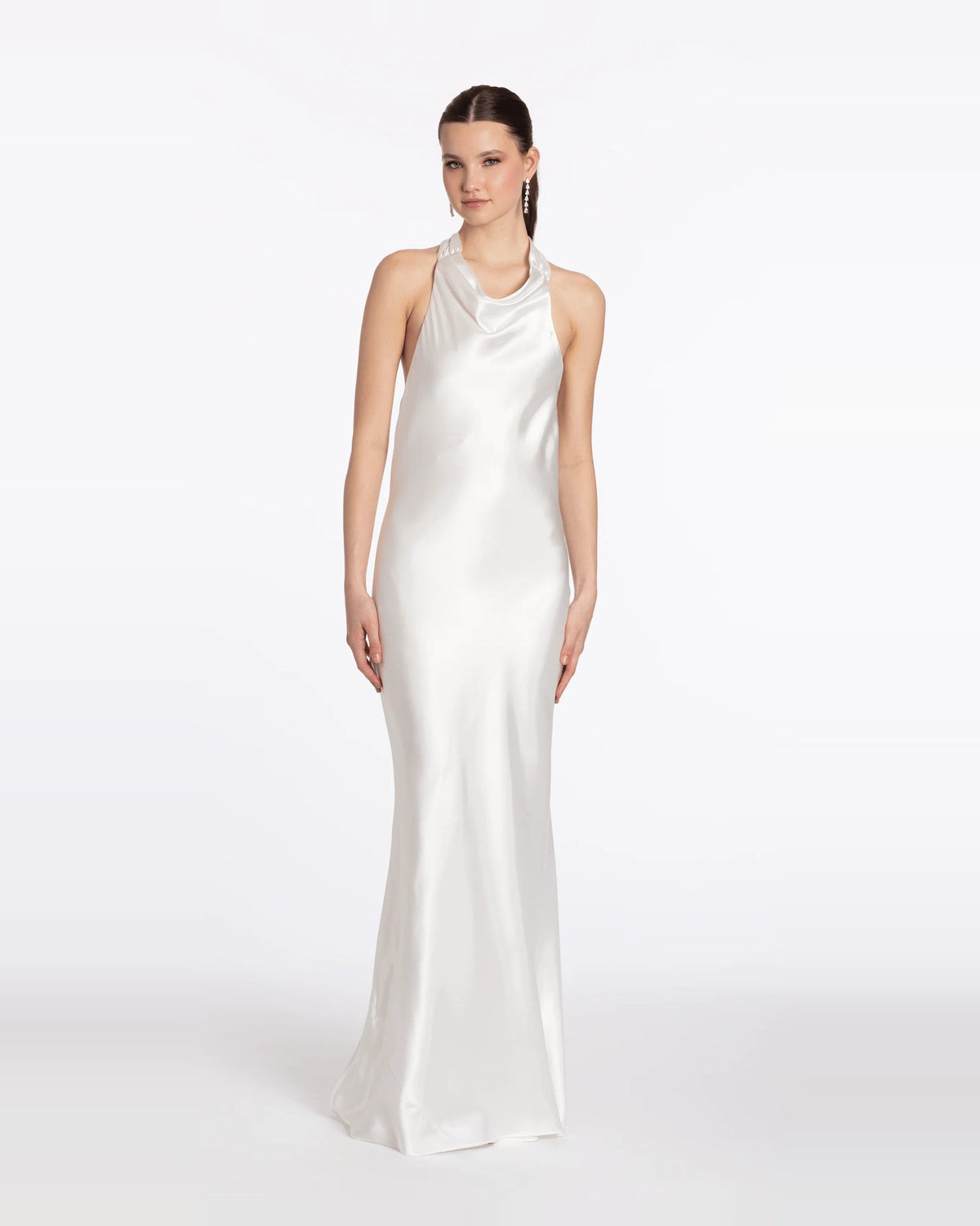 Halter neck column maxi prom dress in ivory, sleeveless with draped cowl neckline.