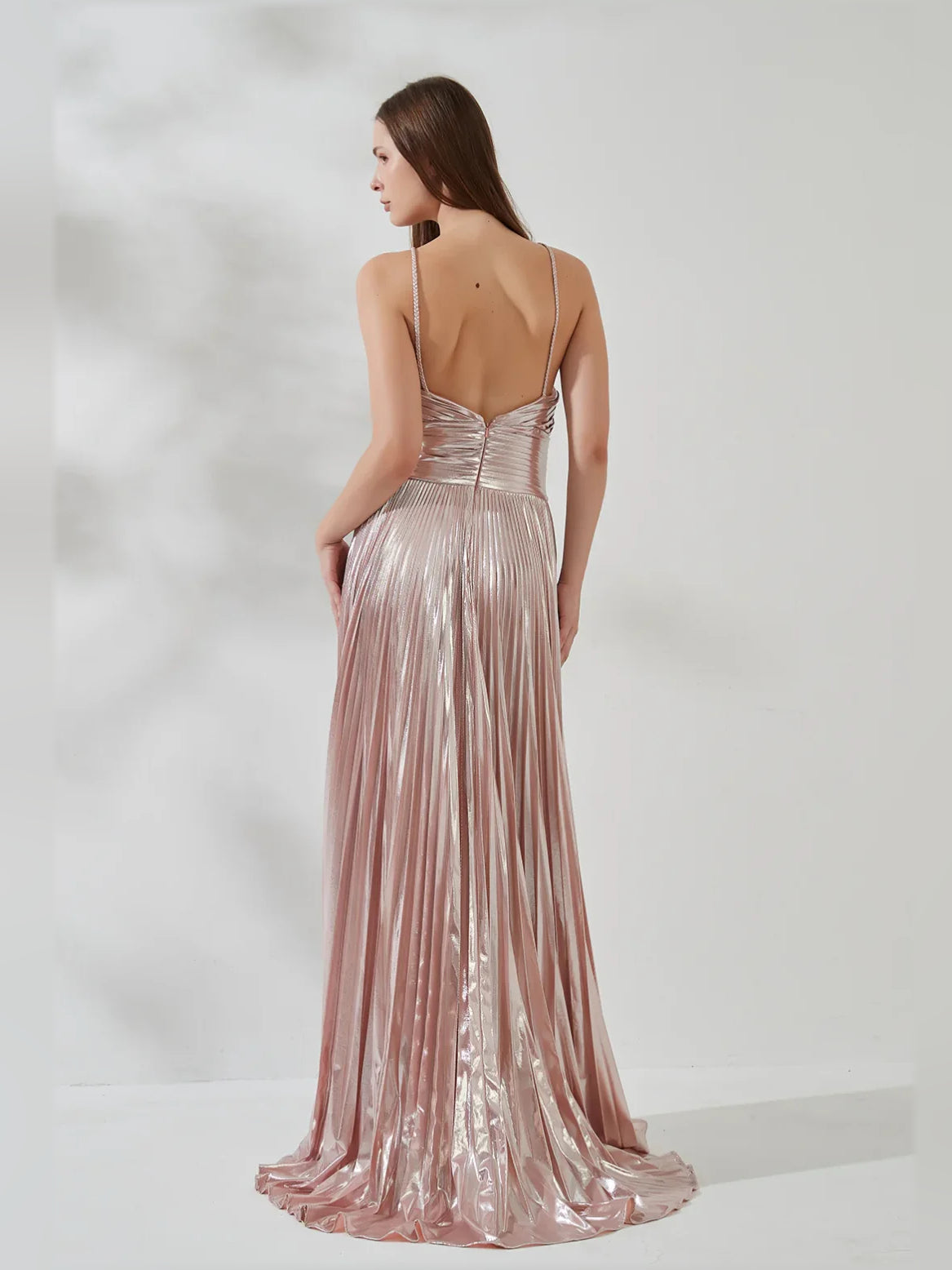 Blush pink one-shoulder formal dress, open back with ruched waist and pleated long skirt