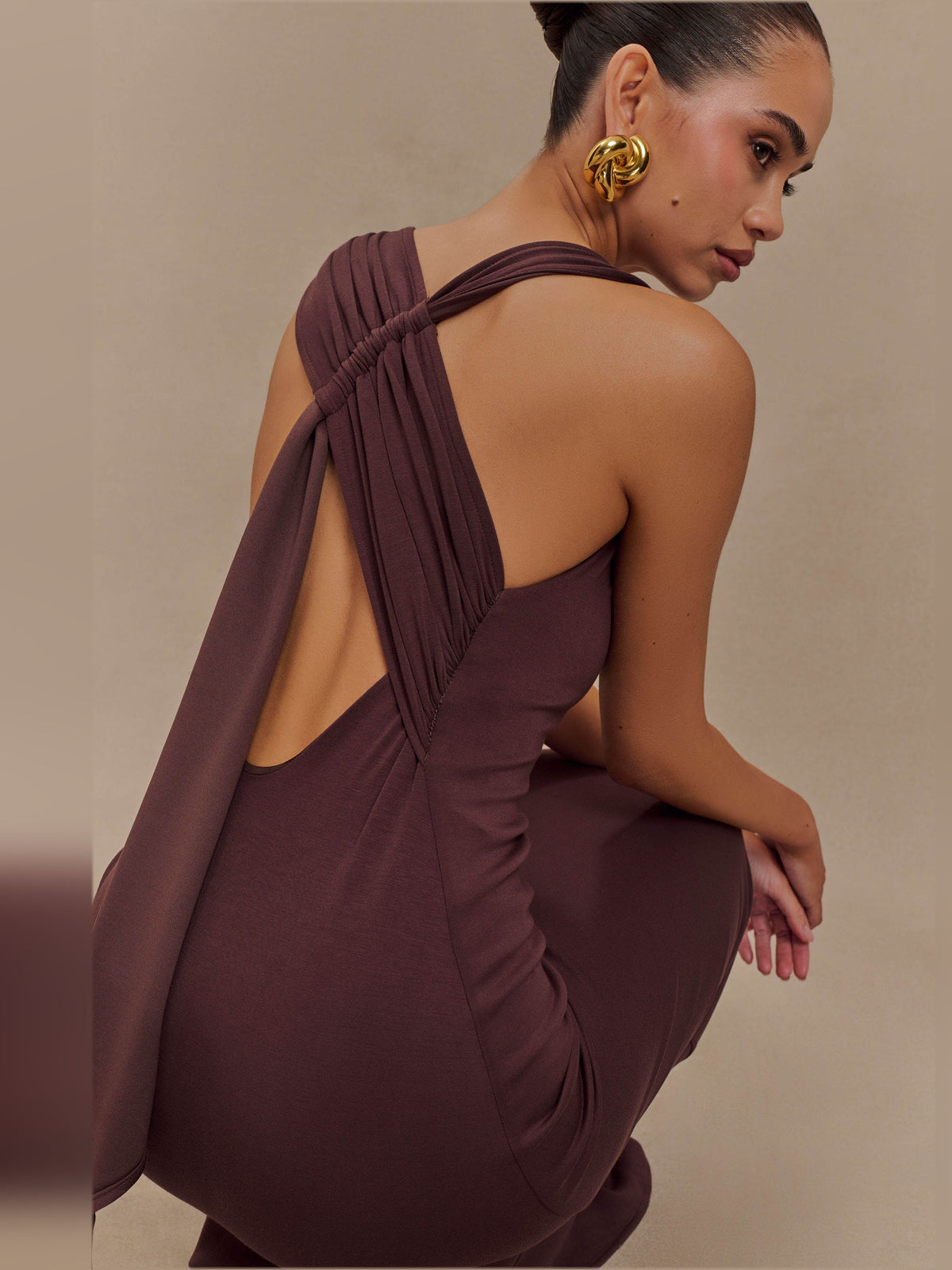 Brown asymmetrical midi dress, halter-style back with gathered drape