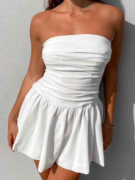 White off-shoulder strapless mini dress with ruched bodice and gathered, flared skirt
