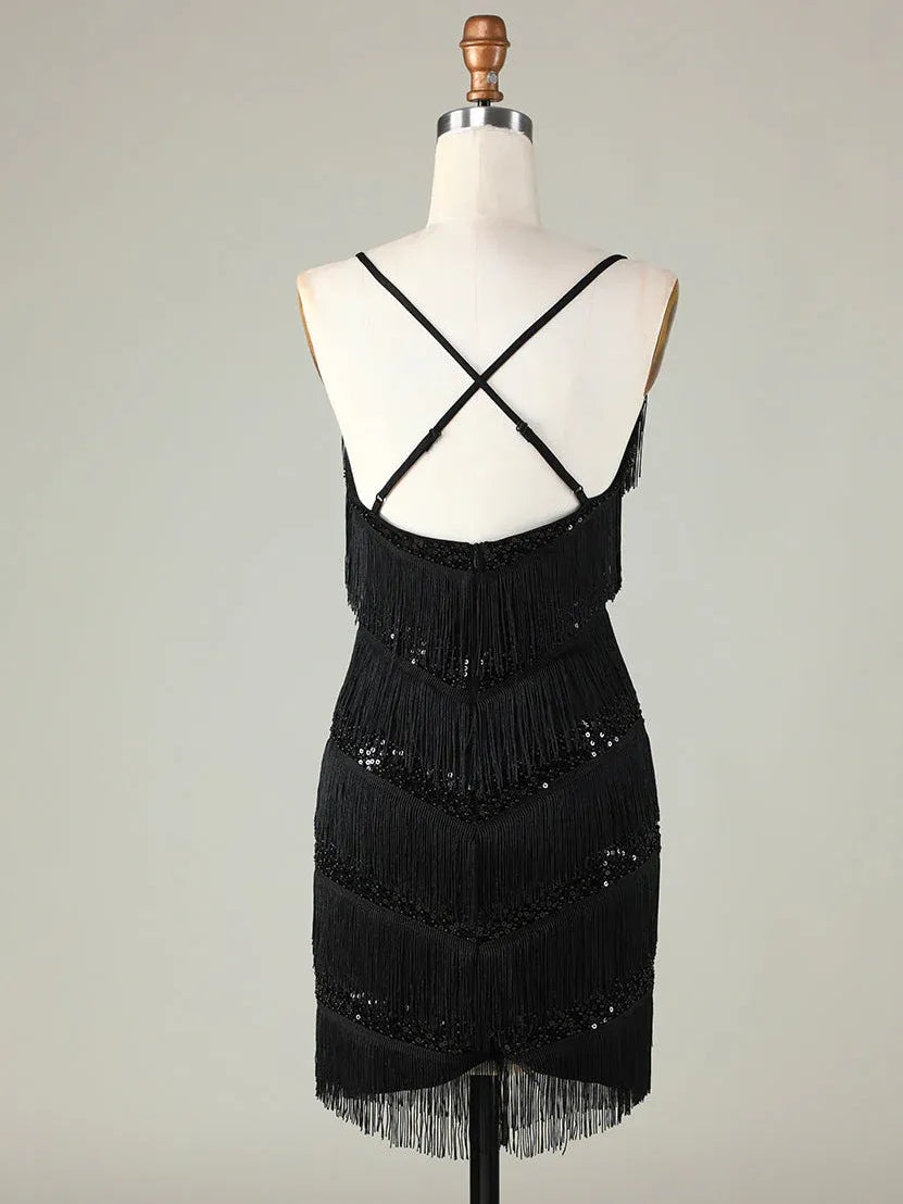 Black mini dress with crisscross back straps and layered sequin fringe