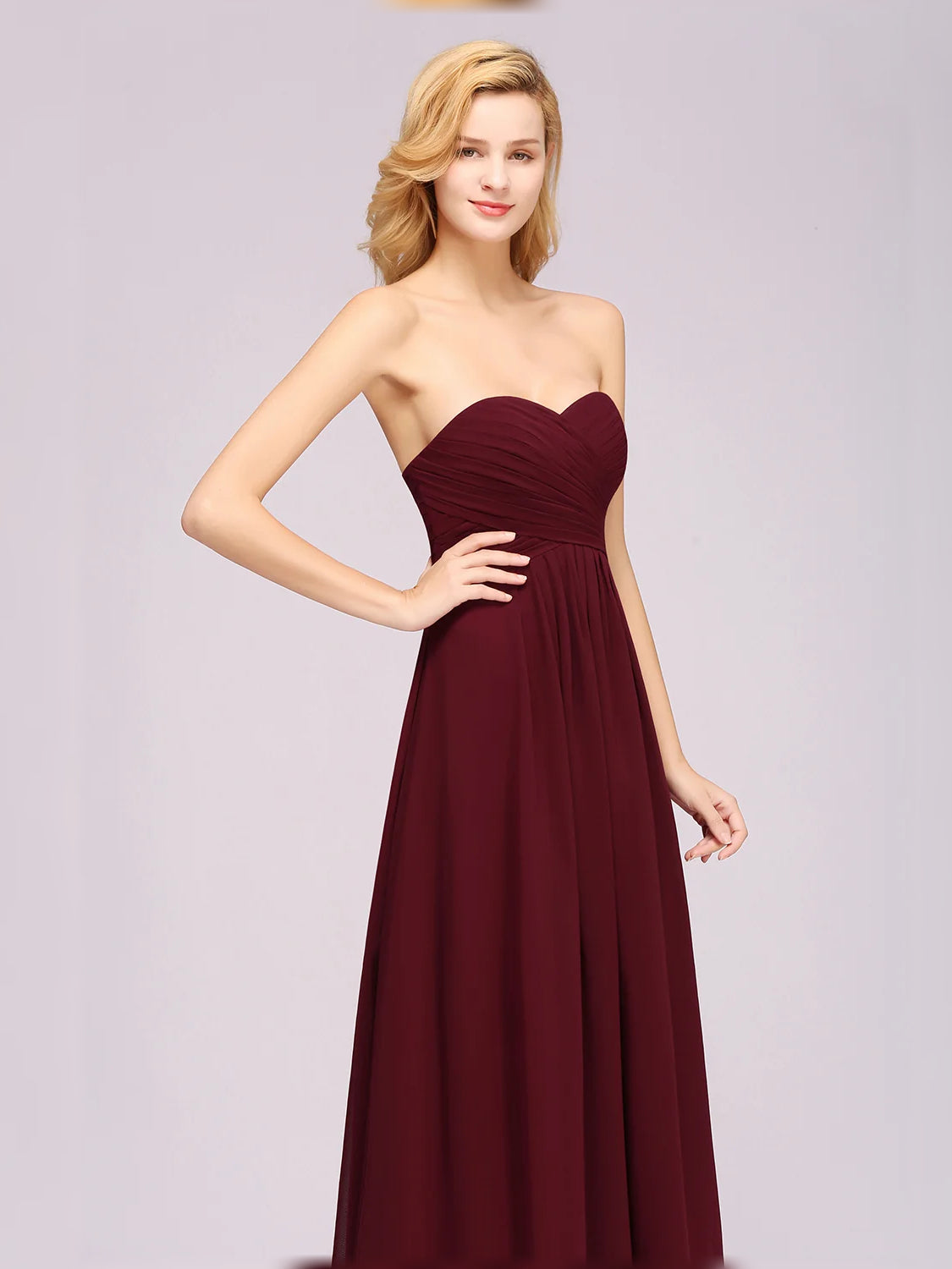 Burgundy strapless sweetheart chiffon A-line dress with ruched bodice and pleated skirt