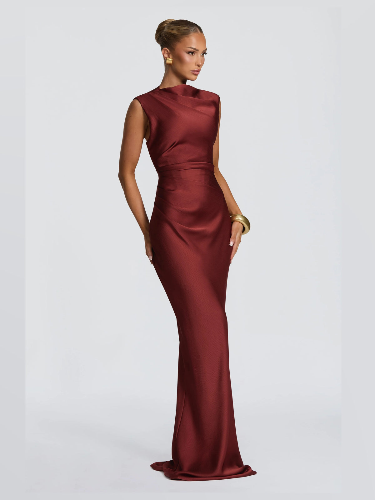Deep Rust formal dress with structured woven fabric construction and maxi hem