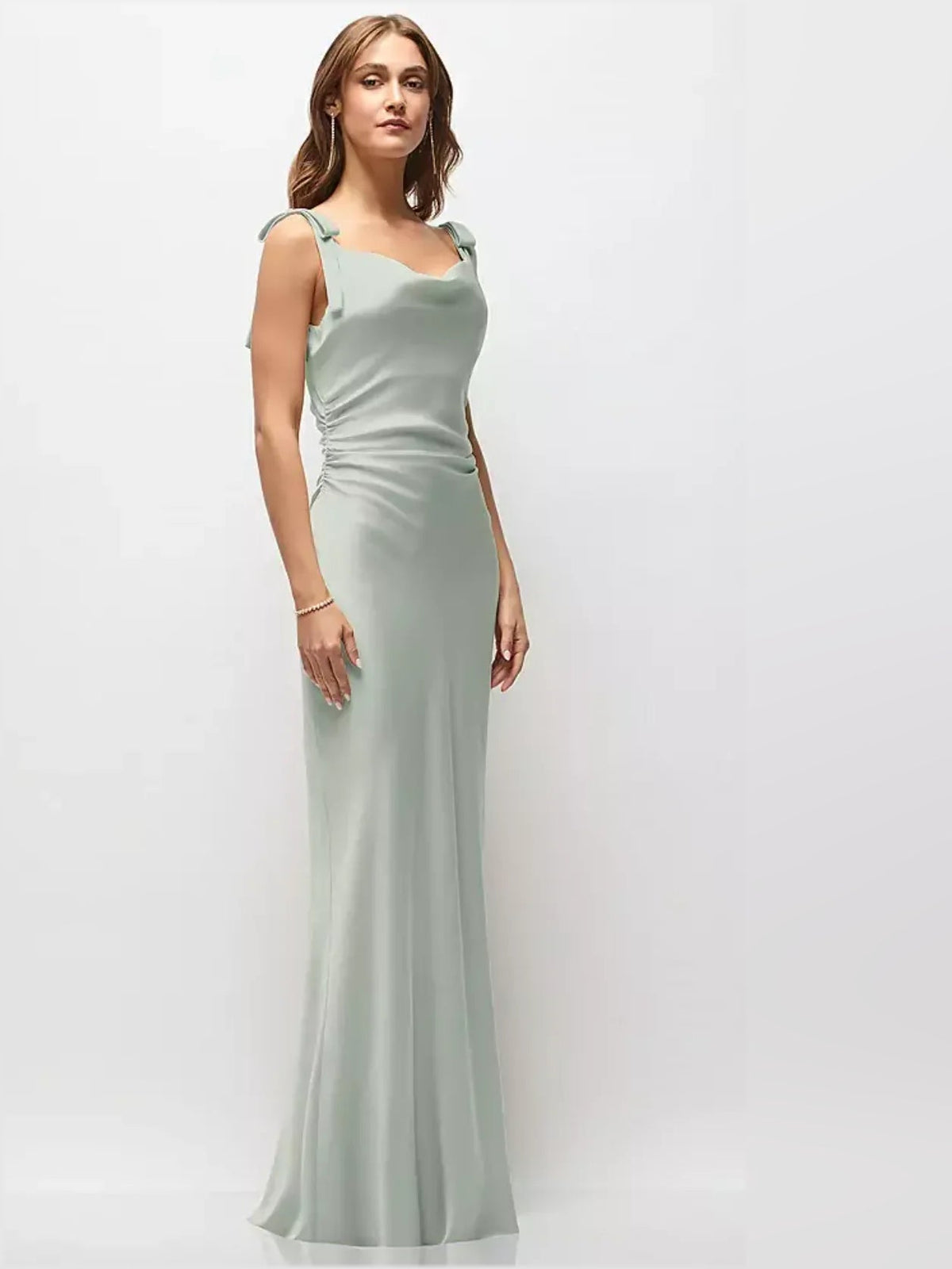 Ruched satin maxi dress with bow spaghetti straps, light blue