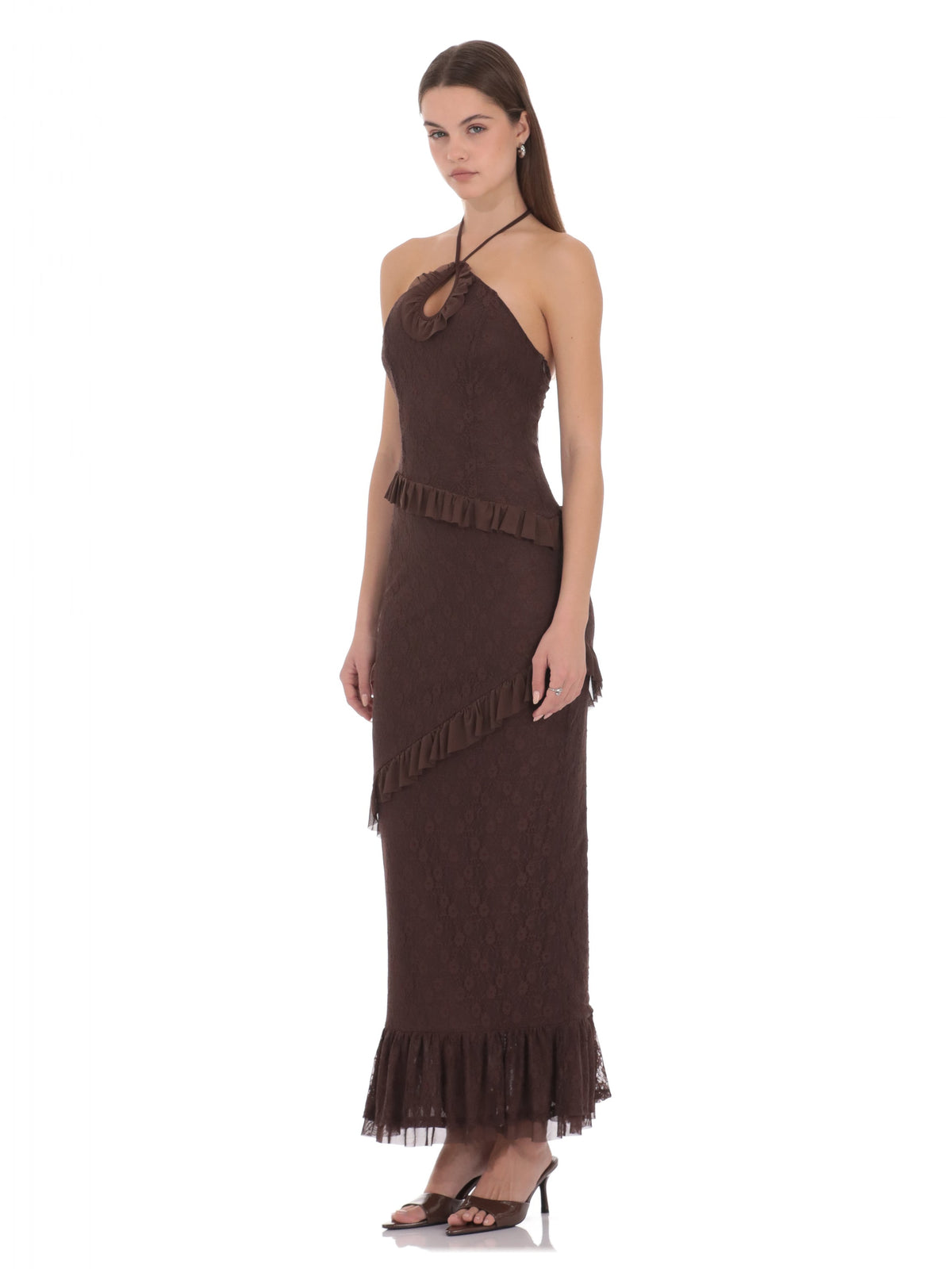 Brown bridesmaid dress with structured woven fabric construction and maxi hem