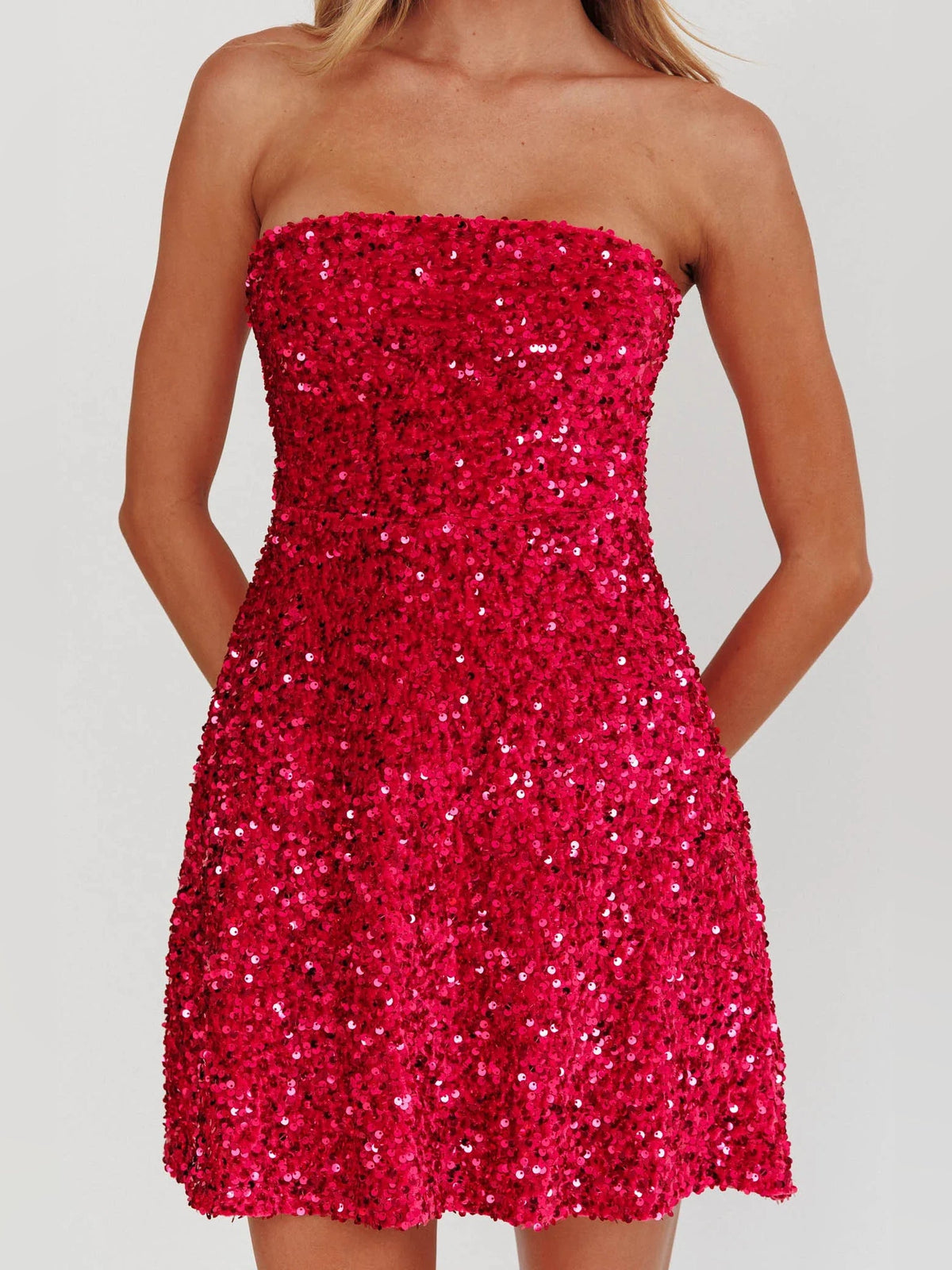 Red strapless sequin mini dress, back view with flared hem