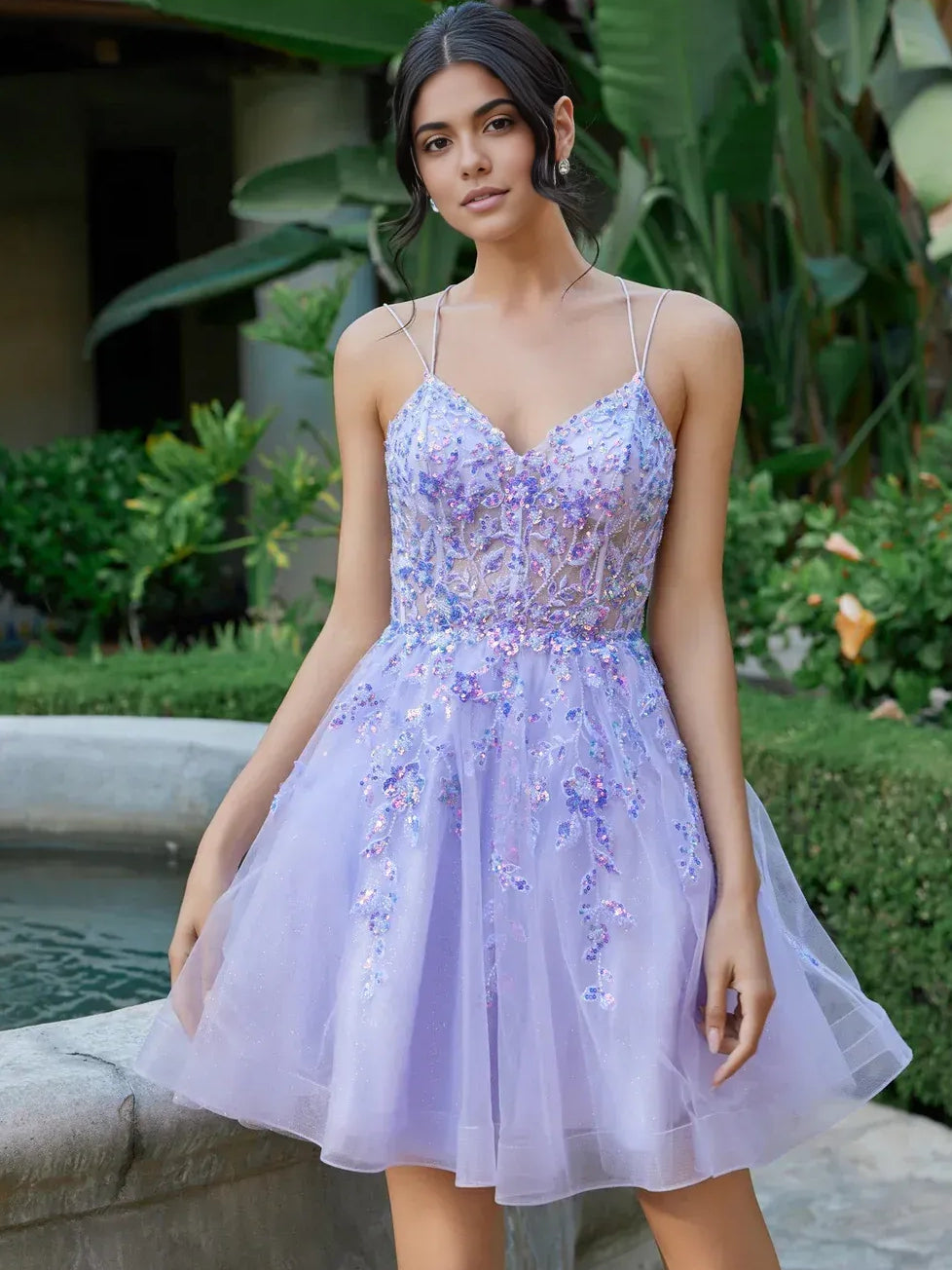 Lilac beaded V-neck A-line mini tulle dress with thin spaghetti straps