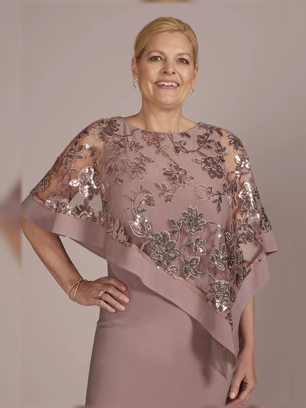 Mauve sequin embellished cape-sleeve sheath dress, knee length