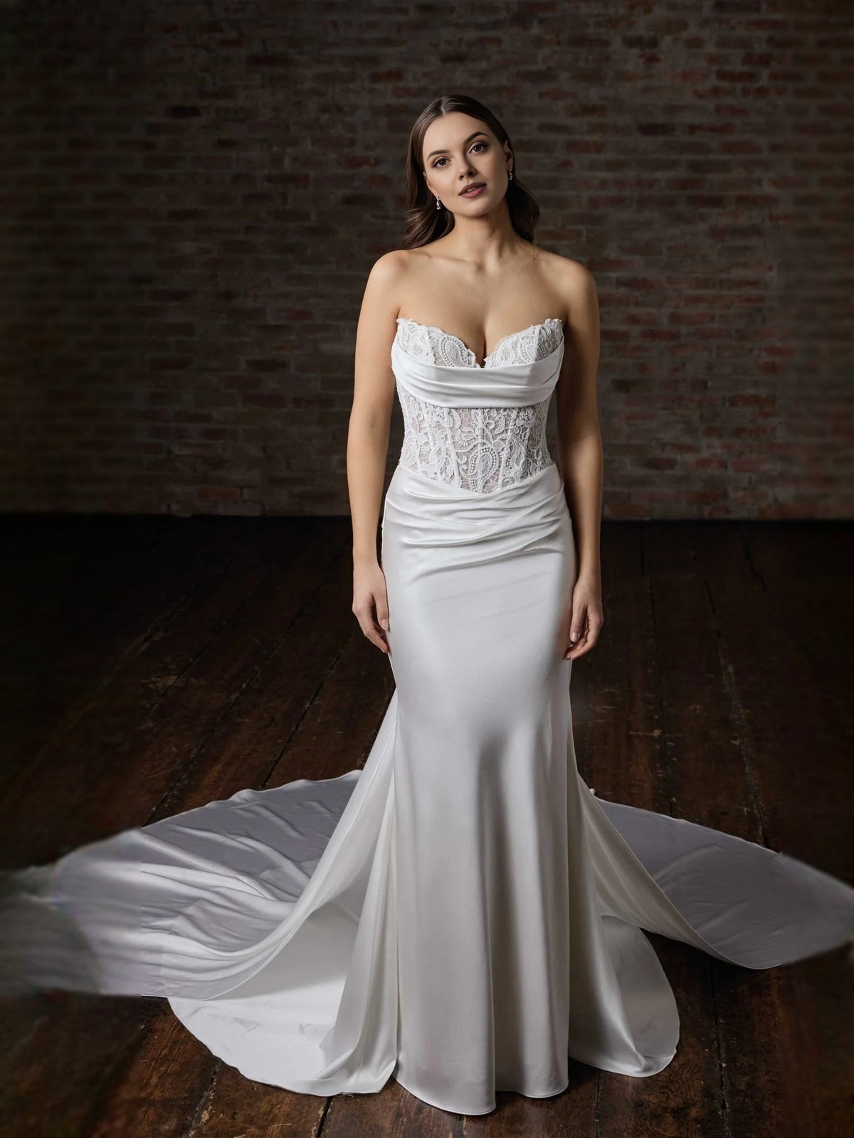 White satin mermaid wedding dress with sweetheart lace bodice and flowing draped skirt