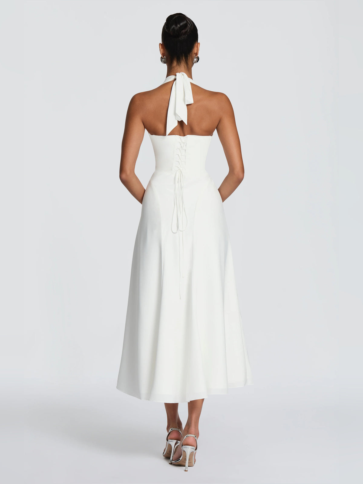 Ivory midi formal dress, open back with halter strap tie and flared skirt