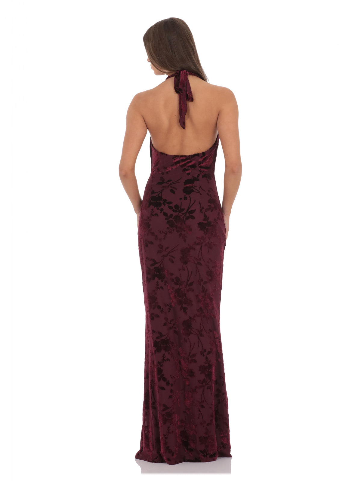 Plum bridesmaid dress with satin construction and maxi hem