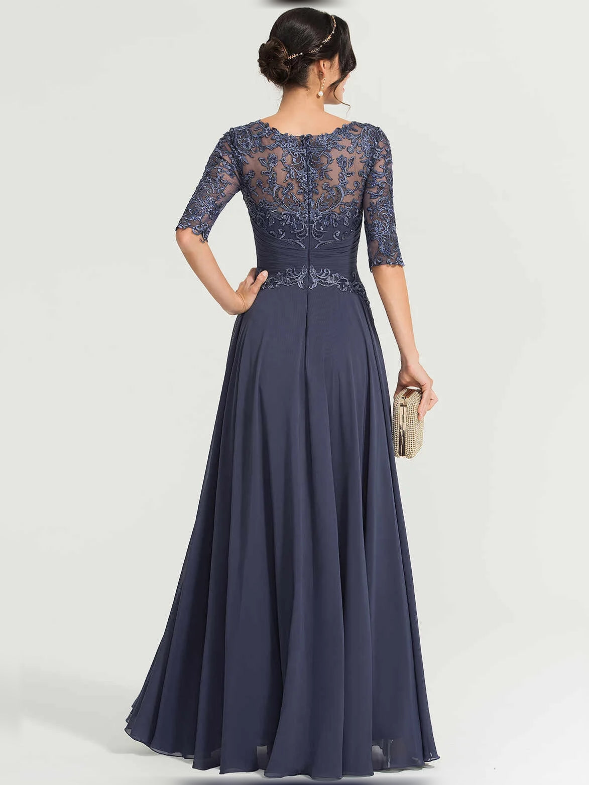 Dark navy A-line maxi chiffon dress, back view, with illusion lace floral bodice