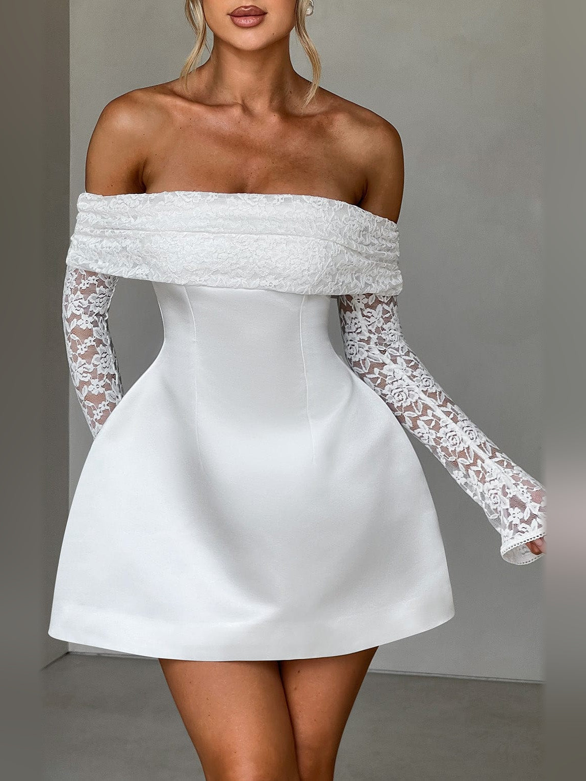 Ivory off-shoulder mini homecoming dress with lace sleeves and flared A-line skirt
