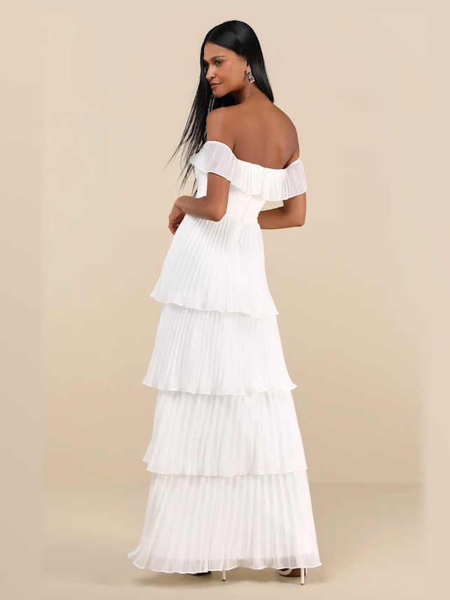 White formal dress with chiffon construction and maxi hem