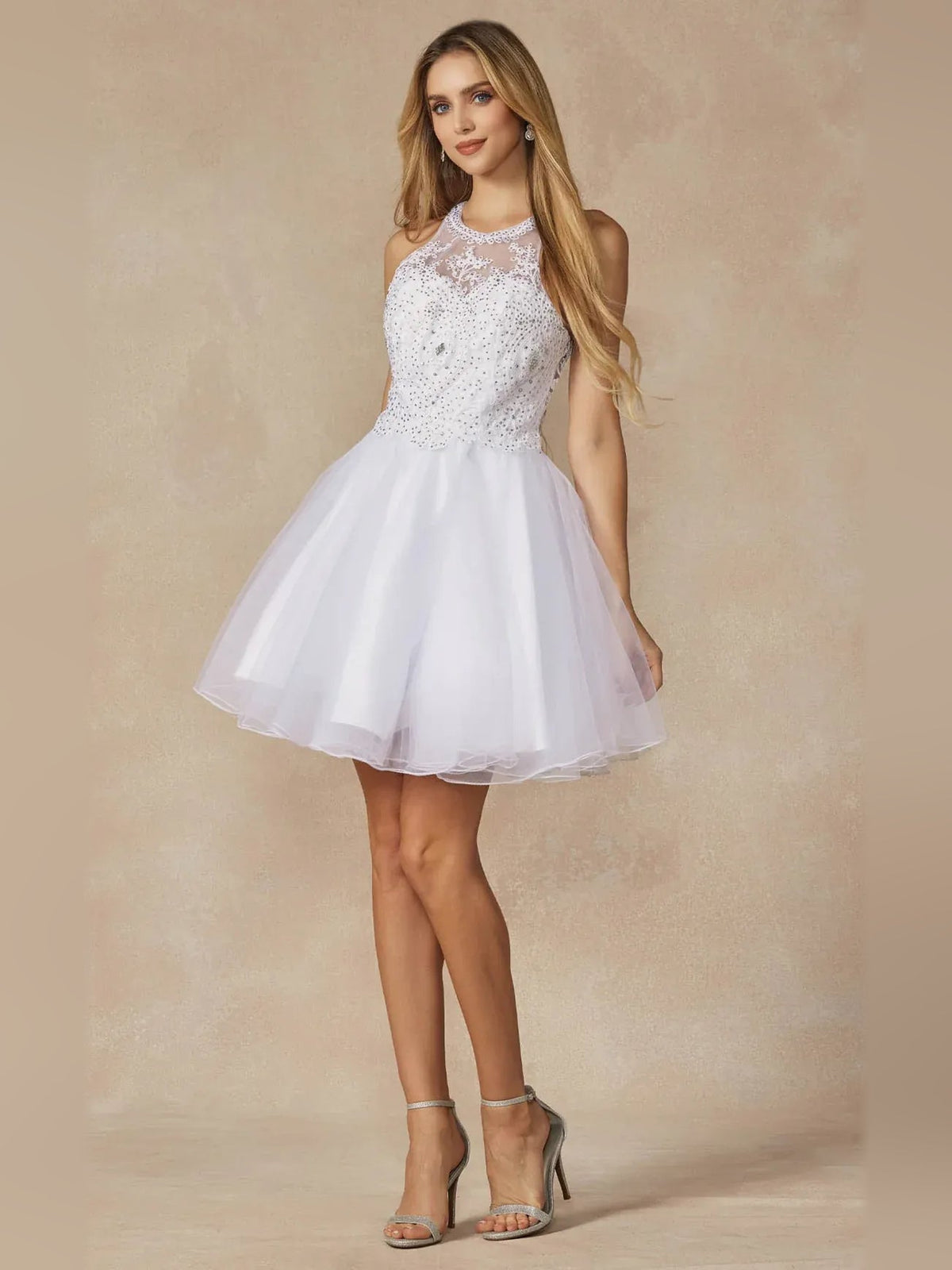 White beaded halter neck short A-line tulle homecoming dress with sparkly bodice