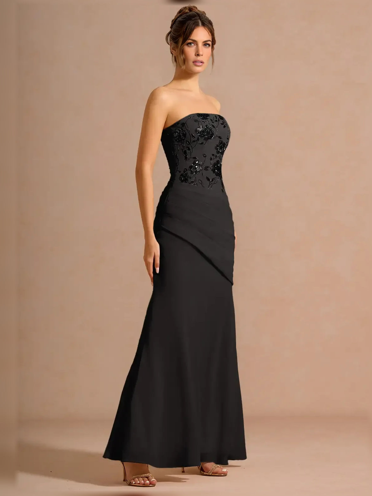 Cowl neck midi formal dress with ruching and slit, black strapless sweetheart and drape
