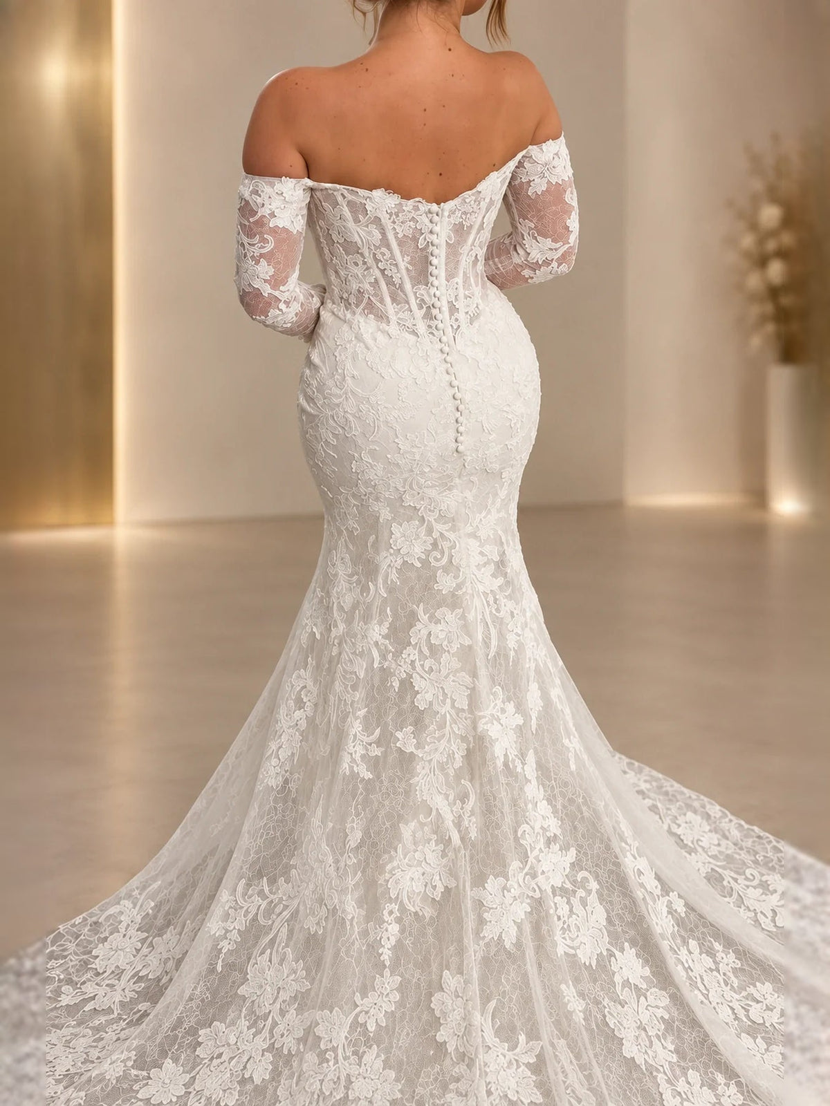 Ivory lace corset mermaid wedding dress with off-shoulder sweetheart bodice and lace back