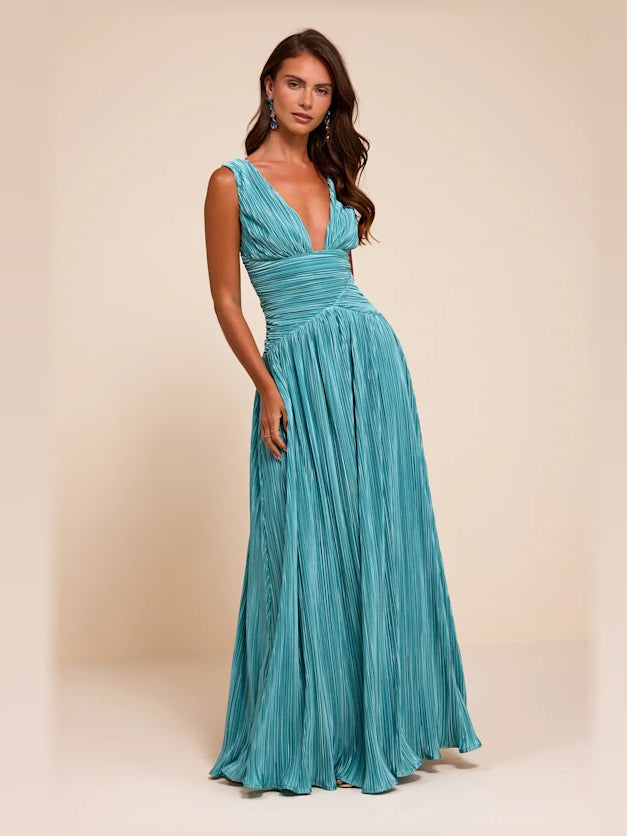 Turquoise formal dress with chiffon construction and maxi hem