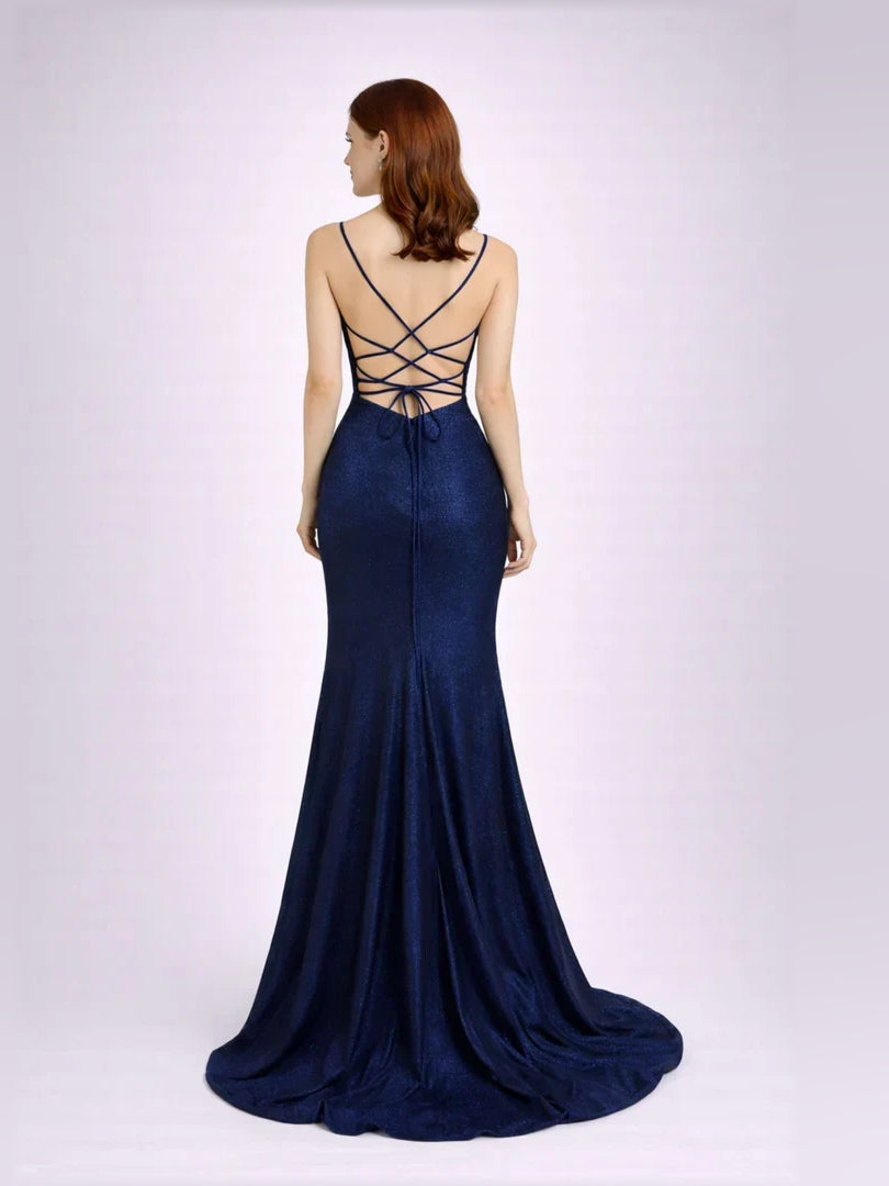 Navy blue V-neck mermaid formal dress with crisscross lace-up open back