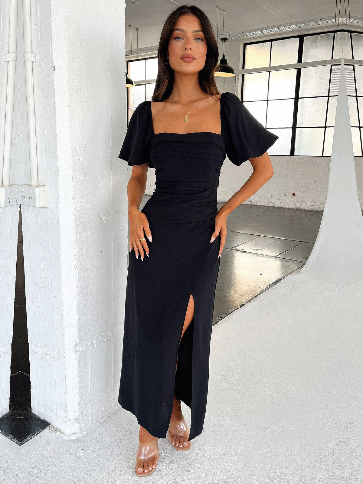 Black sheath maxi formal dress with skirt slit, alternate view showing the bodice