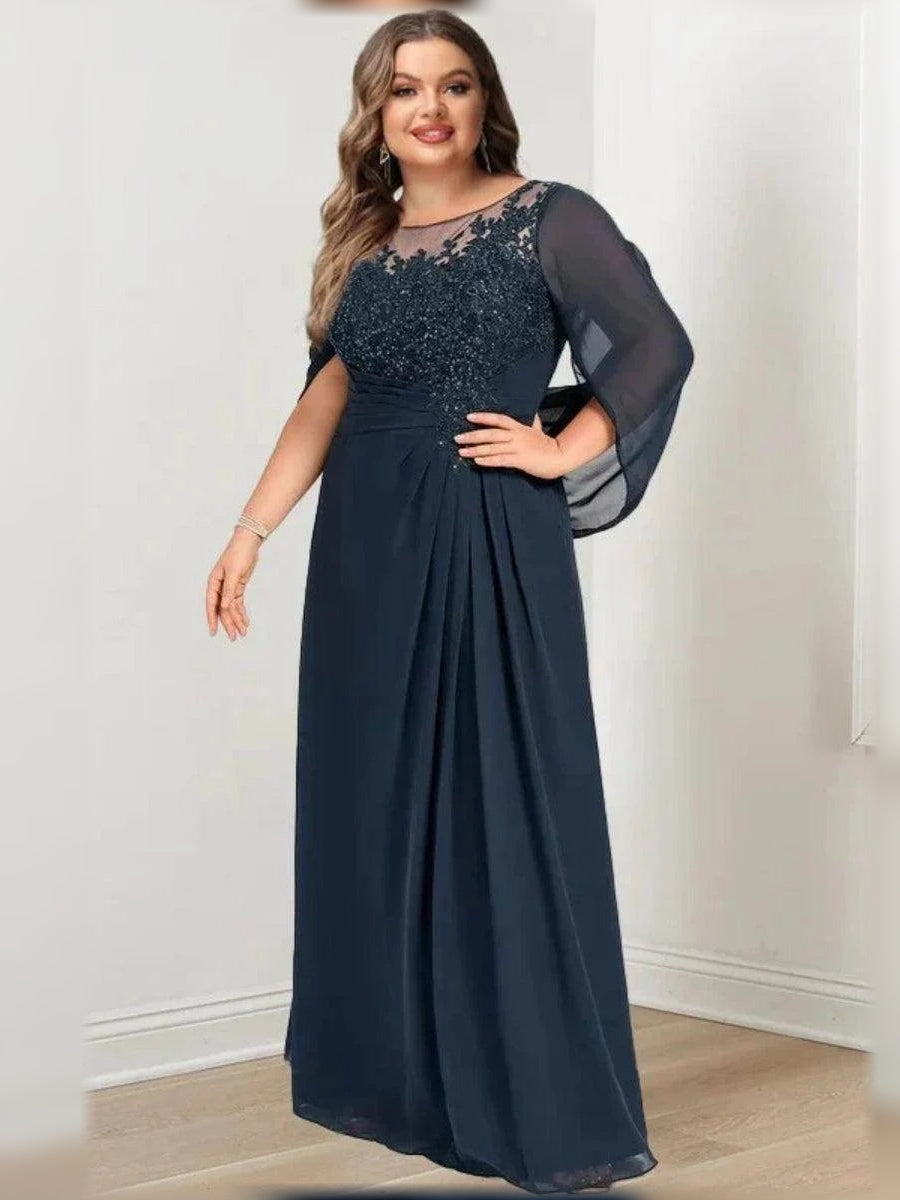 Dark navy chiffon A-line evening dress with illusion neckline and floral lace detail