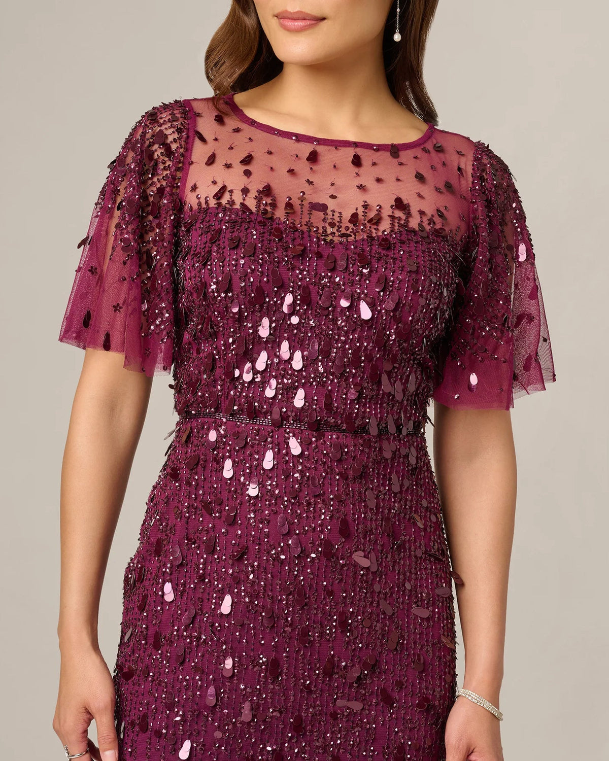 Bordeaux embellished flutter-sleeve midi dress with sparkling bead and sequin neckline yoke