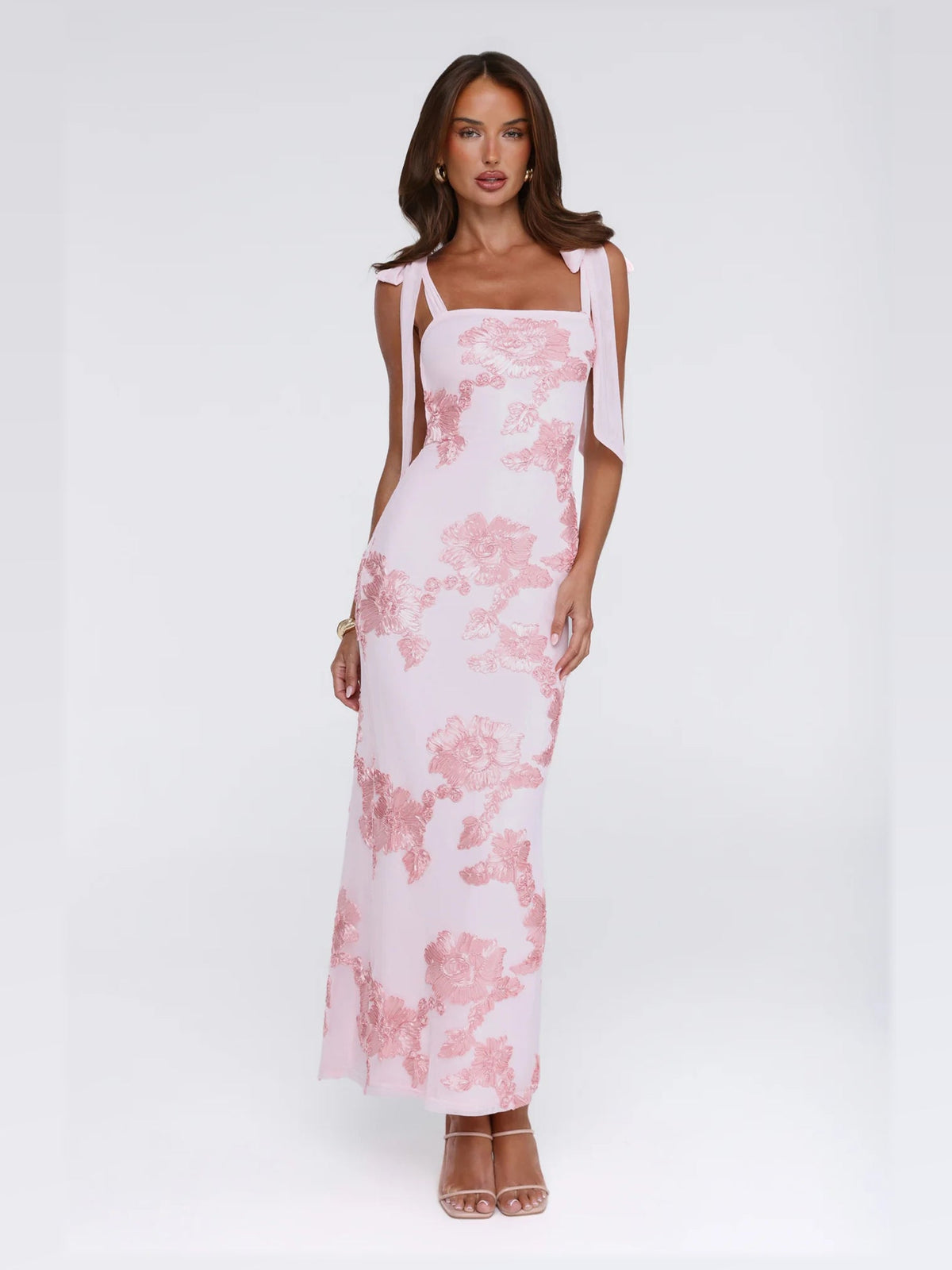 Pink maxi formal dress, alternate full-length view showing the waistline