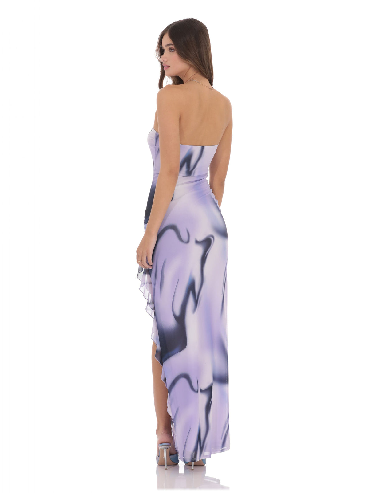 Purple bridesmaid dress with mesh construction and maxi hem
