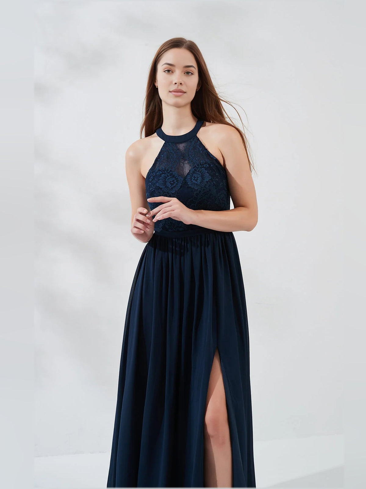 Dark navy halter A-line chiffon dress with floral lace bodice and side slit