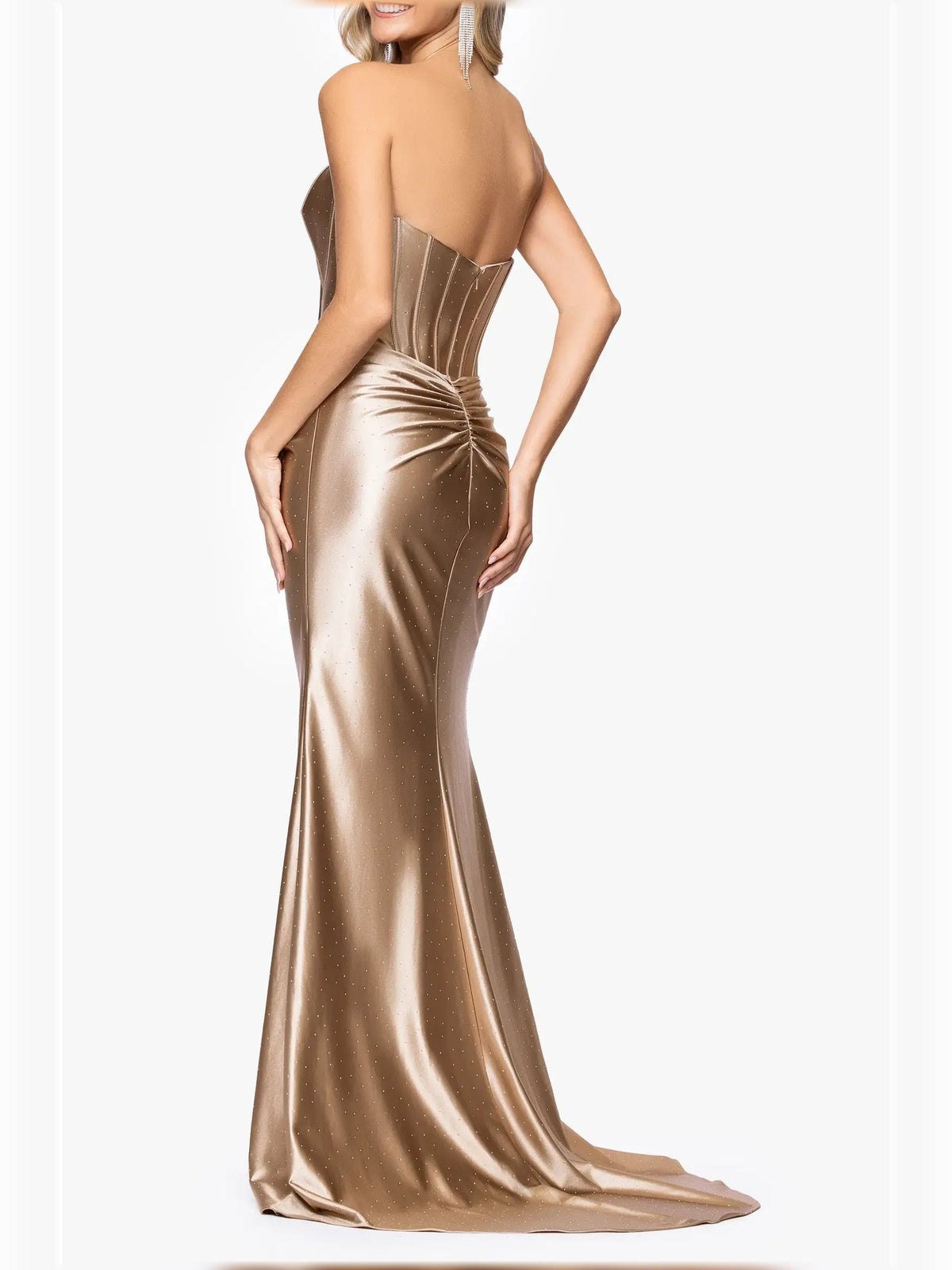 Taupe strapless corset formal dress with ruched side drape and long flowing hem