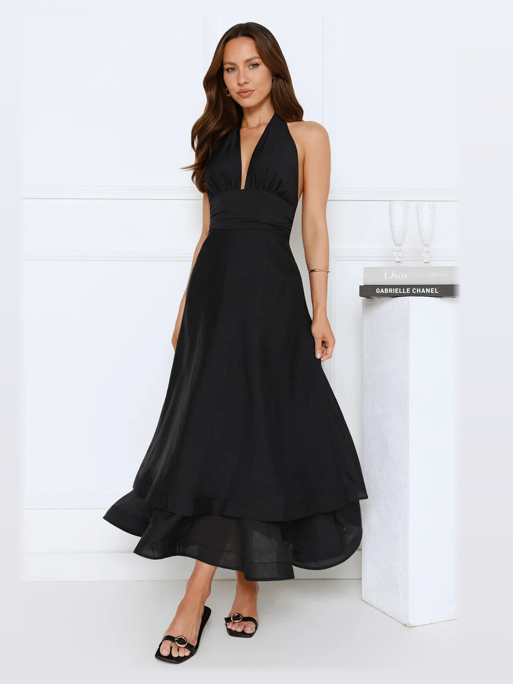 Black maxi formal dress, alternate full-length view showing the waistline
