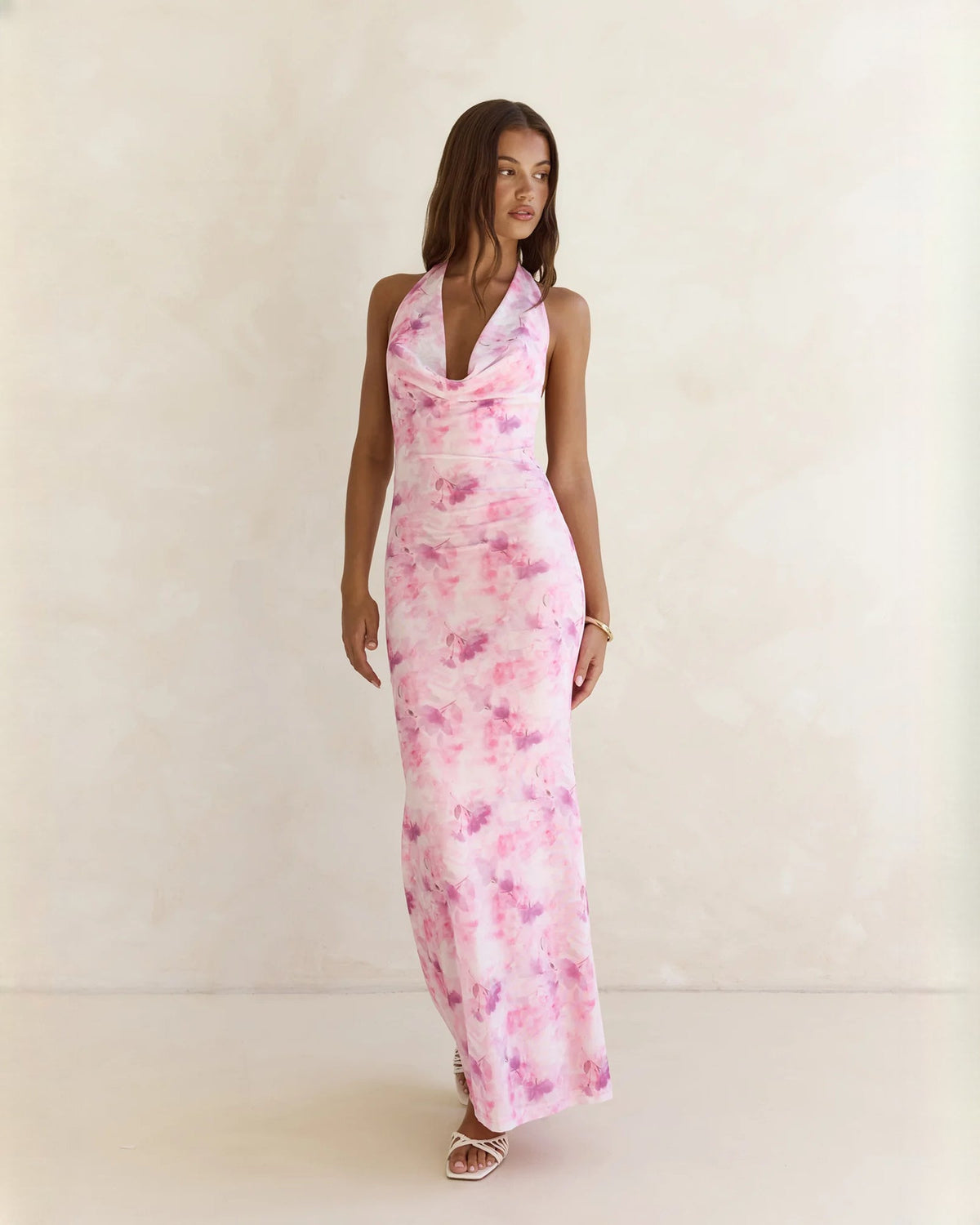 Pink floral halter neck A-line maxi dress with V front and sleeveless cut