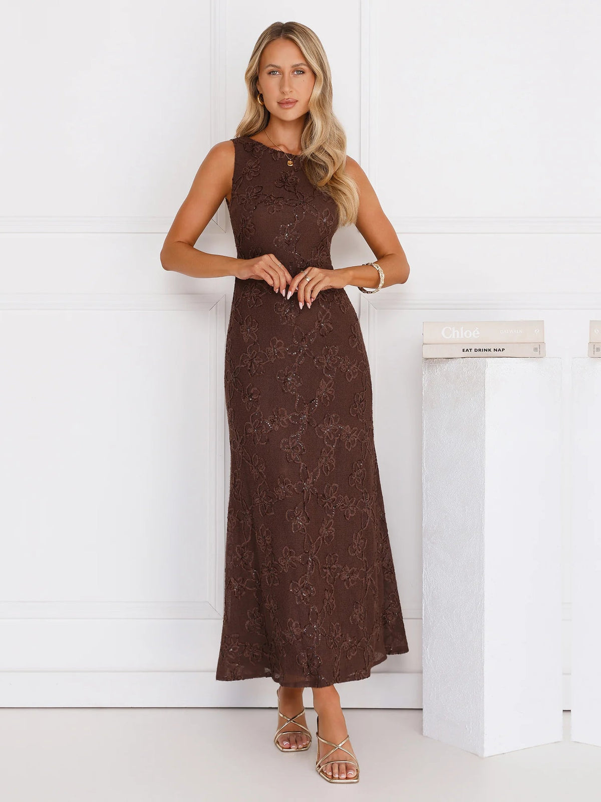 Brown lace halter A-line maxi dress with high neckline and fitted waist