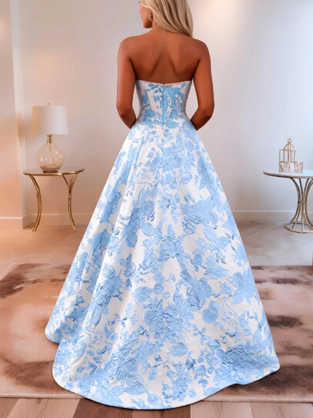 Blue sweetheart strapless corset maxi formal dress with full floral jacquard skirt