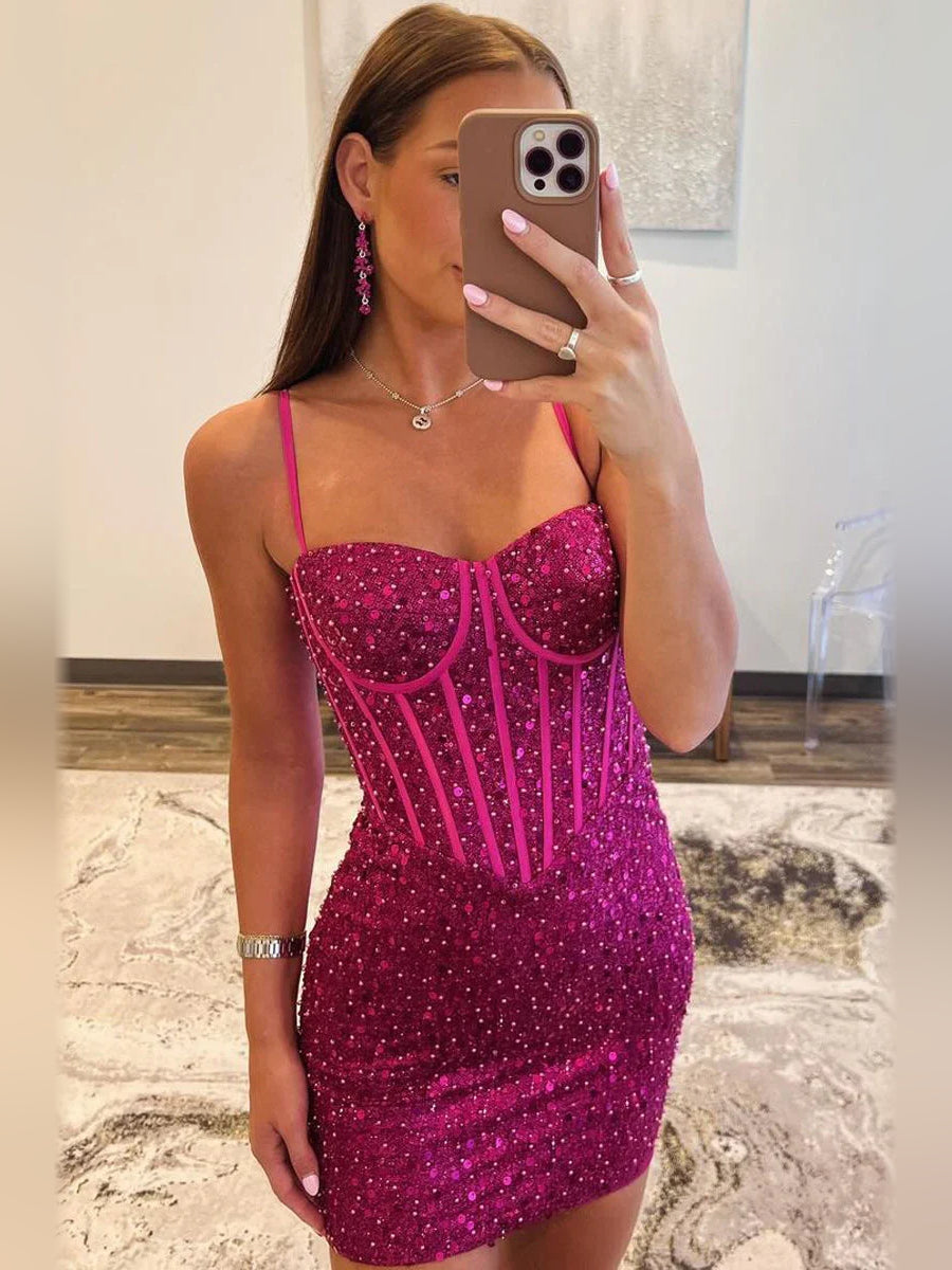 Fuchsia sequin corset sweetheart bodycon mini dress with structured bust panels