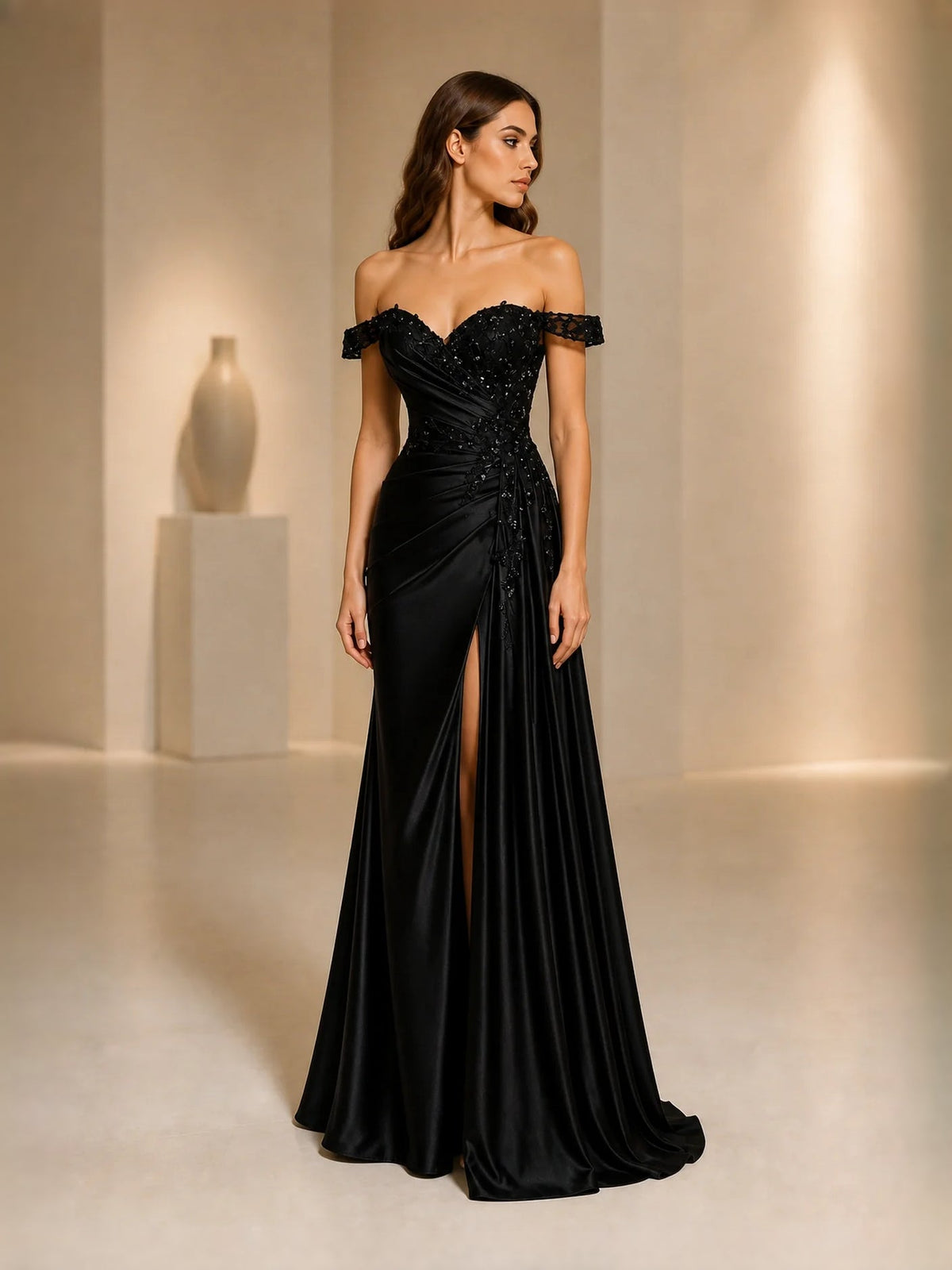 Black off-shoulder A-line satin prom dress with embellished corset bodice and slit front