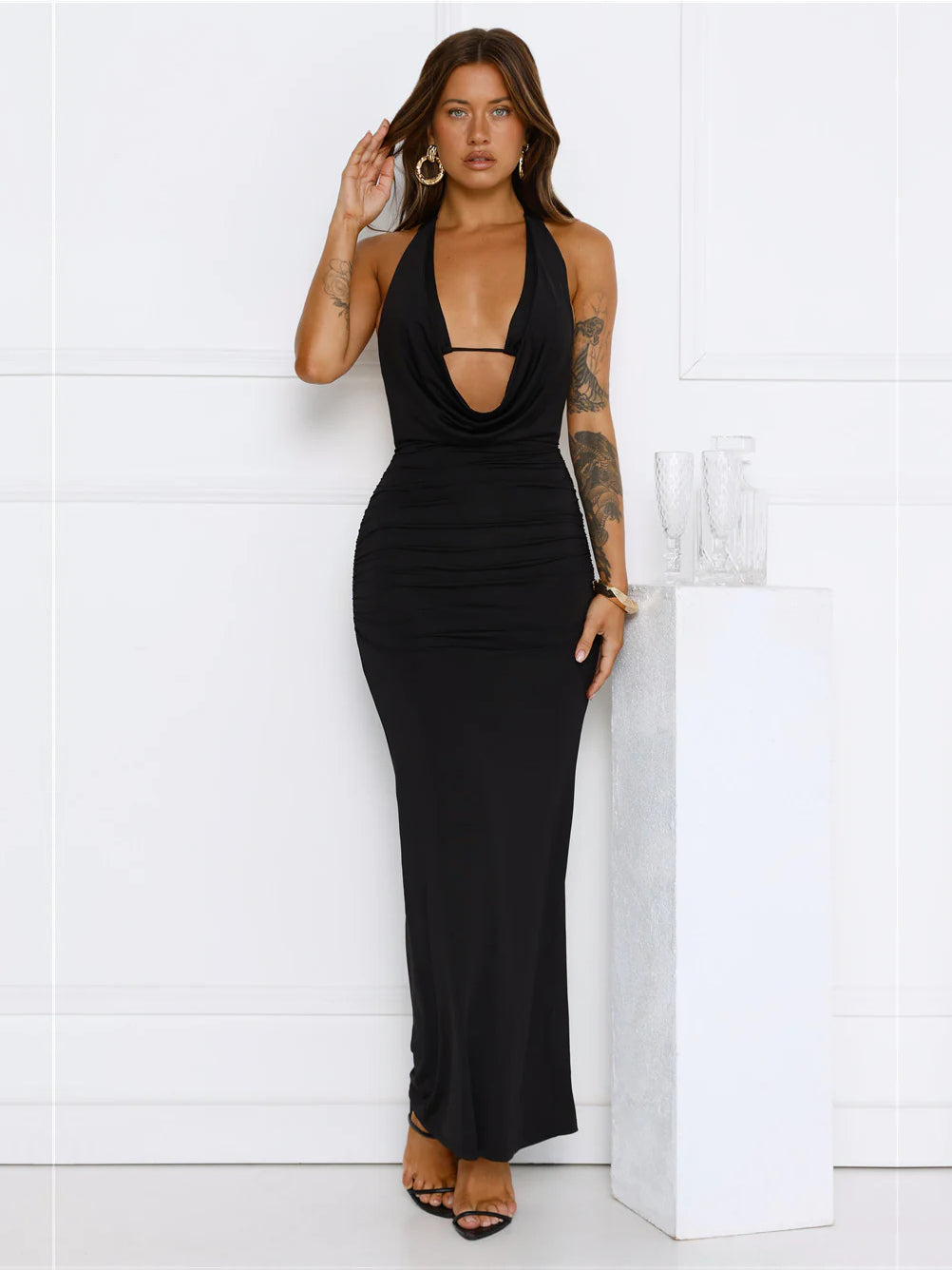 Black sheath maxi formal dress with cutout detail, alternate view