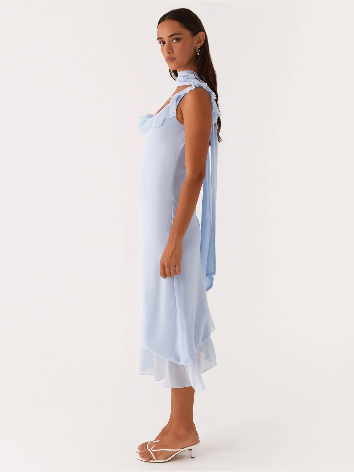 Light blue midi dress with ruffled shoulder detail and tiered side hem