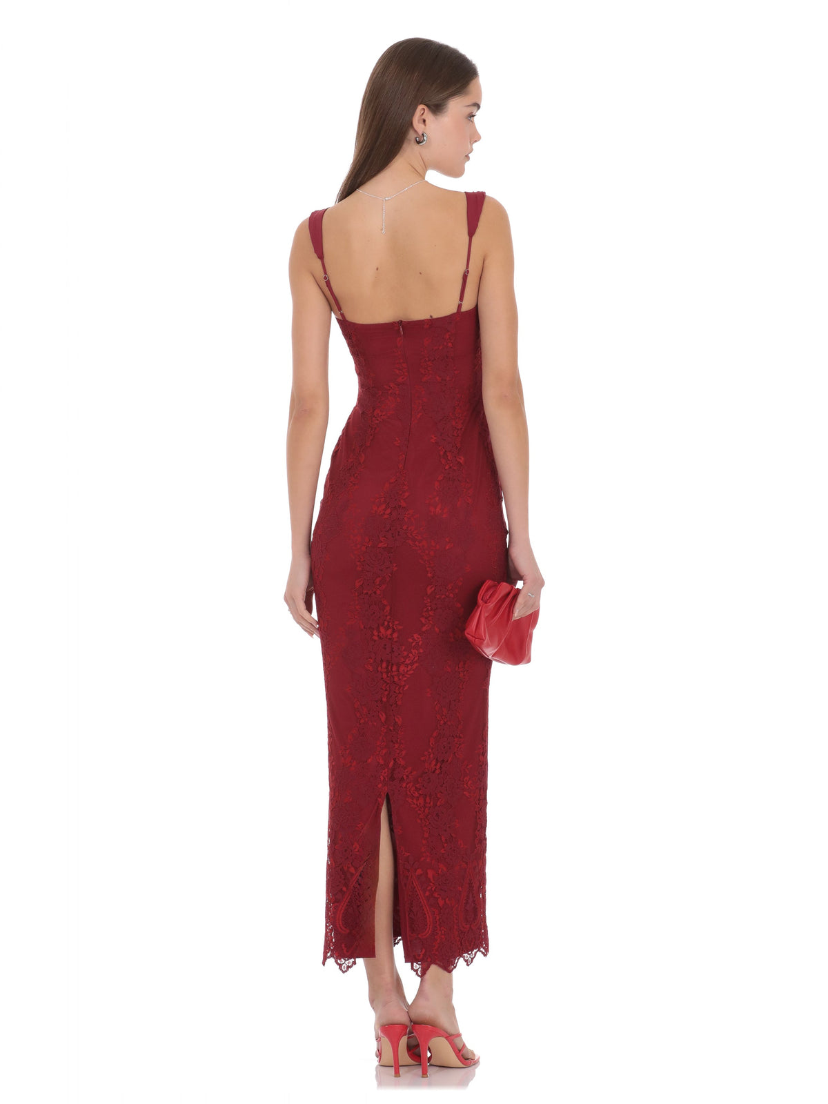 Burgundy bridesmaid dress with mesh construction and maxi hem