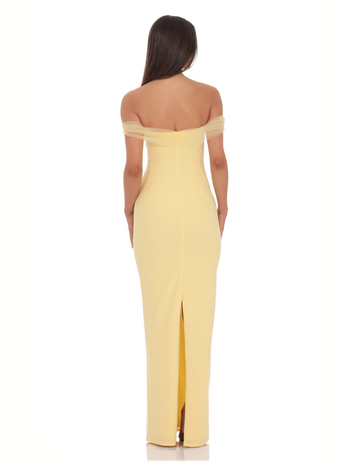 Yellow bridesmaid dress with mesh construction and maxi hem