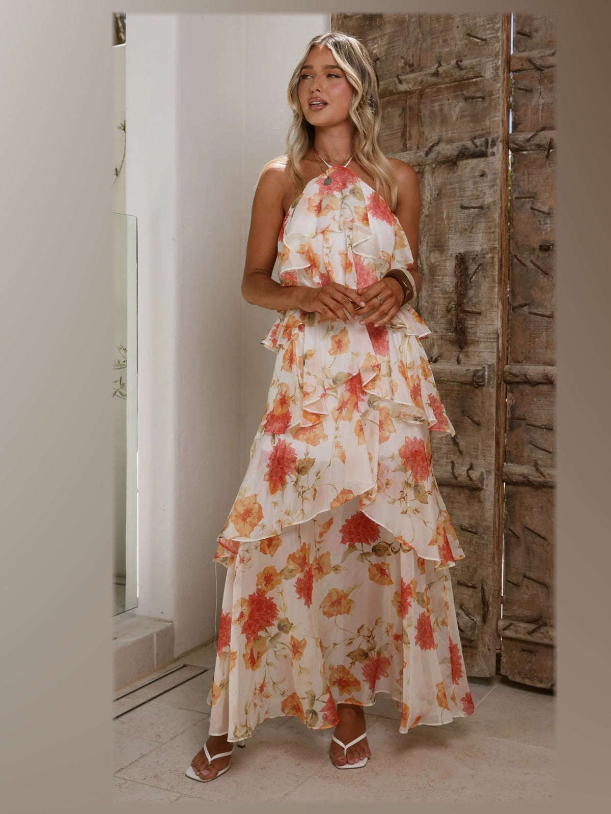 White Orange Floral maxi formal dress, alternate full-length view showing the waistline