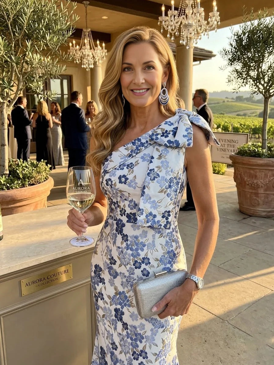 Dusty blue floral one-shoulder mermaid gown with bow shoulder, fitted waist, floor-length